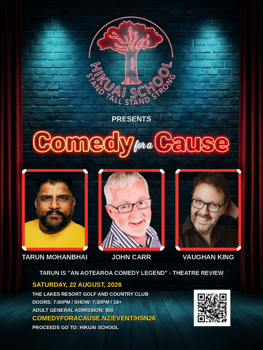 Comedy for a Cause lineup poster - Hikuai School, Saturday 22 August 2026, The Lakes Resort Golf and Country Club, Pauanui
